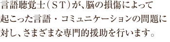 言語聴覚士（ＳＴ）が、脳の損傷によって起こった言語・コミュニケーションの問題に対し、さまざまな専門的援助を行います。